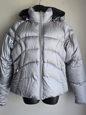 Vintage Nike Silver Metallic Down Feather Hooded Puffer Jacket Coat Women's L